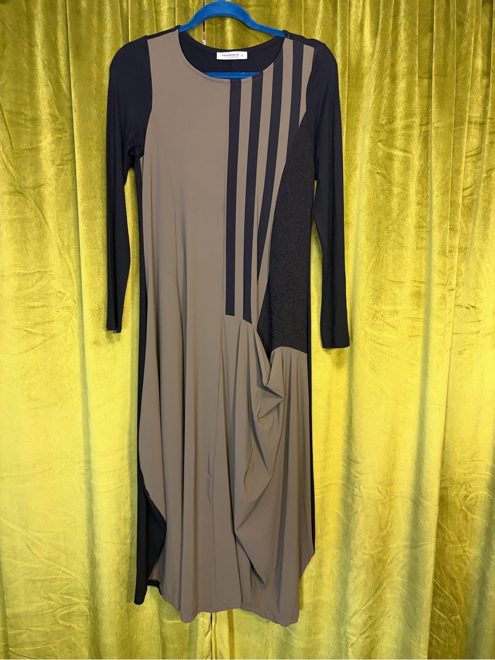 Tekbika By Alembika Taupe & Black Striped Ruched Asymmetrical Dress US 4/6 $300